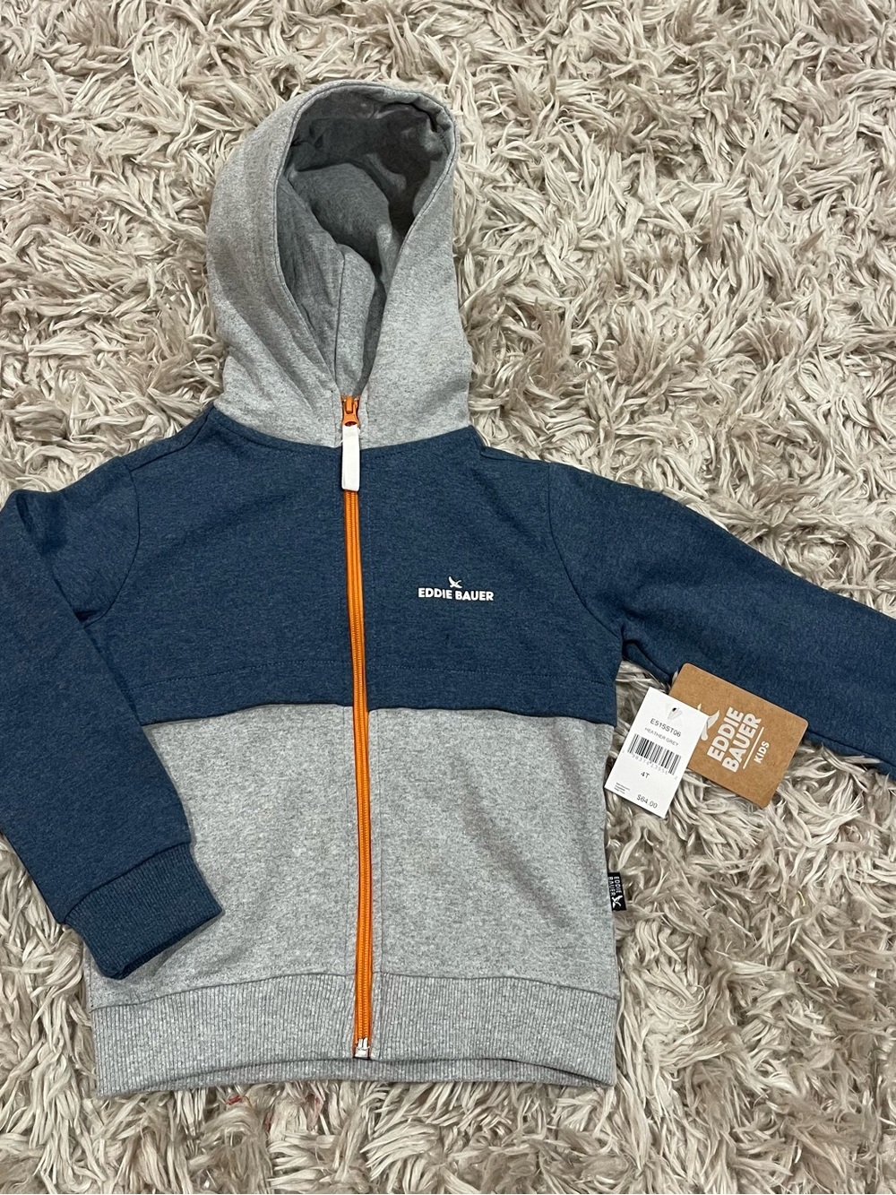 NWT Eddie Bauer Kids Full Zip Colorblock Hoodie, Heather Grey & Navy Blue